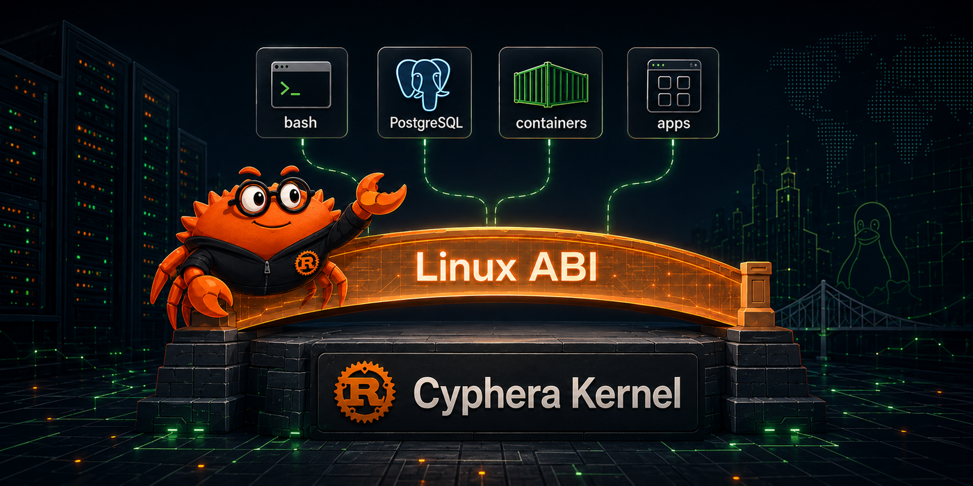 Ferris the Rust crab walks through an archway labeled 'Linux ABI' toward a foundation labeled 'Cyphera Kernel.' Floating icons above the archway represent bash, PostgreSQL, containers, and Linux apps. The background is a dark cityscape with circuit-board patterns.